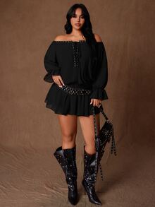 Rustia Plus Size Women's Eyelet Off-Shoulder Front Tie Long Sleeve Fashion Dress Fall - Black - View 6