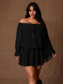 Rustia Plus Size Women's Eyelet Off-Shoulder Front Tie Long Sleeve Fashion Dress Fall - Black - View 5