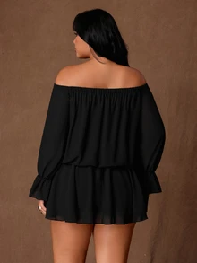 Rustia Plus Size Women's Eyelet Off-Shoulder Front Tie Long Sleeve Fashion Dress Fall - Black - View 3