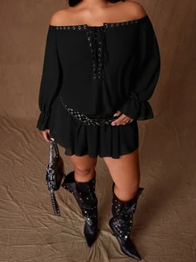 Rustia Plus Size Women's Eyelet Off-Shoulder Front Tie Long Sleeve Fashion Dress Fall - Black - View 7