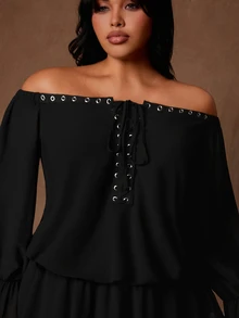 Rustia Plus Size Women's Eyelet Off-Shoulder Front Tie Long Sleeve Fashion Dress Fall - Black - View 4