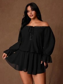 Rustia Plus Size Women's Eyelet Off-Shoulder Front Tie Long Sleeve Fashion Dress Fall - Black - View 8