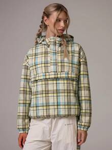 Musera Sport Checkered High Neck Pocket Detail Front Oversized Hooded Light Weight Sport Jacket Gym Pilates Daily Running Fall Autumn Winter - Multicolor - View 2