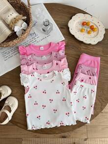 SHEIN Baby Girl 0-3 Years Old Pink Summer Cute Family Matching Knitted Ribbed Short Sleeve Vest Tee Shirt Top Shorts Set Family Photoshoot Light Pink - Multicolor - View 3