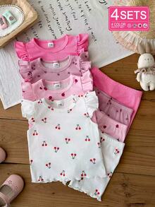 SHEIN Baby Girl 0-3 Years Old Pink Summer Cute Family Matching Knitted Ribbed Short Sleeve Vest Tee Shirt Top Shorts Set Family Photoshoot Light Pink - Multicolor - View 1