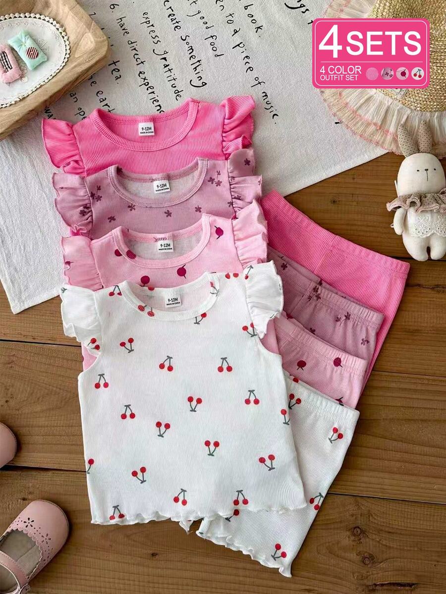 SHEIN Baby Girl 0-3 Years Old Pink Summer Cute Family Matching Knitted Ribbed Short Sleeve Vest Tee Shirt Top Shorts Set Family Photoshoot Light Pink - Multicolor - View 1