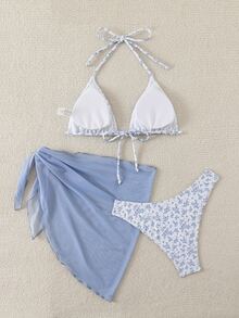 SHEIN Swim 女士夏季海滩碎花吊带比基尼泳装套装带罩裙，3 件套泳衣 - 藍色 - 查看 2
