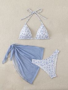 SHEIN Swim 女士夏季海滩碎花吊带比基尼泳装套装带罩裙，3 件套泳衣 - 藍色 - 查看 3