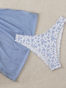 SHEIN Swim 女士夏季海滩碎花吊带比基尼泳装套装带罩裙，3 件套泳衣 - 藍色 - 查看 5