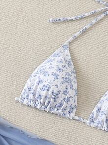SHEIN Swim 女士夏季海滩碎花吊带比基尼泳装套装带罩裙，3 件套泳衣 - 藍色 - 查看 4