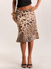 SHEIN BAE Autumn/Winter Solid Color Leopard Print Satin Mid-Length Skirt - Khaki - View 4