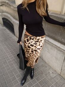 SHEIN BAE Autumn/Winter Solid Color Leopard Print Satin Mid-Length Skirt - Khaki - View 2