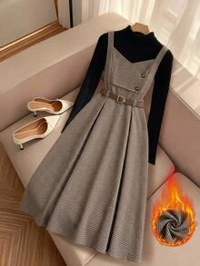 Easowa Curve Plus Size Women's Houndstooth Button Design Elegant Pinafore Dress - Coffee Brown - View 2