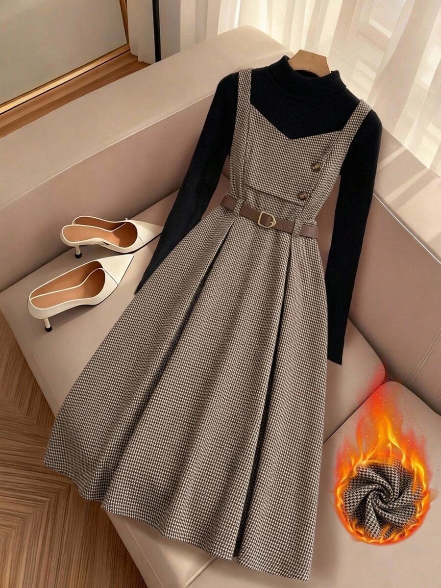 Easowa Curve Plus Size Women's Houndstooth Button Design Elegant Pinafore Dress - Coffee Brown - View 1