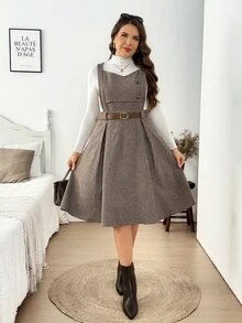 Easowa Curve Plus Size Women's Houndstooth Button Design Elegant Pinafore Dress - Coffee Brown - View 3