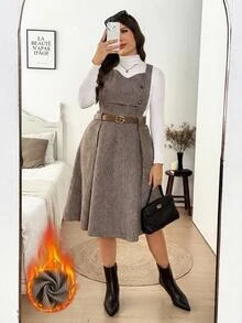 Easowa Curve Plus Size Women's Houndstooth Button Design Elegant Pinafore Dress - Coffee Brown - View 1