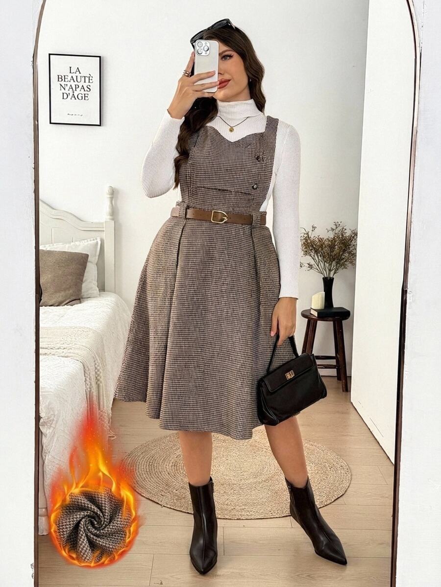 Easowa Curve Plus Size Women's Houndstooth Button Design Elegant Pinafore Dress - Coffee Brown - View 1