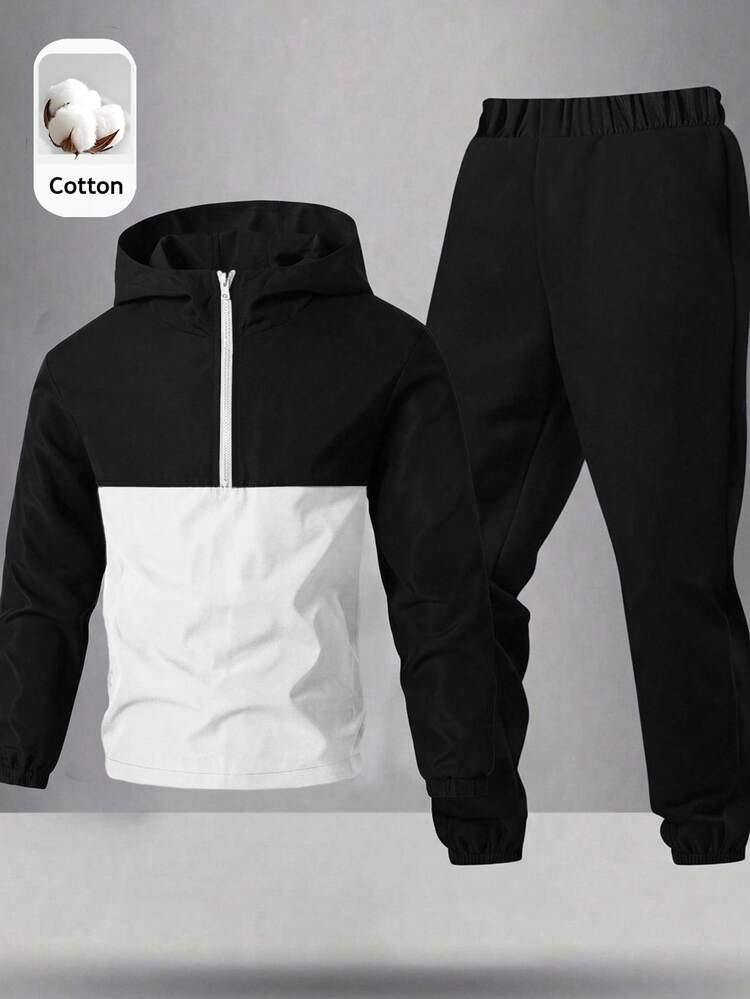 SHEIN 2pcs Kids Tween Boy Half-Zip Hooded Jacket And Jogger Pants Set, Suitable For Commuting, School, Daily Casual Wear, Sports, Autumn/Winter - Black and White - View 1