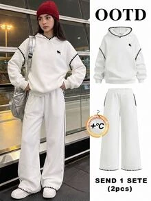 SHEIN 青少年女孩白色Y2K街頭風寬鬆抓絨連帽衛衣與寬腿褲2件套，舒適連帽衫秋季穿搭秋季服飾套裝居家日常穿著 - 白色 - 查看 4