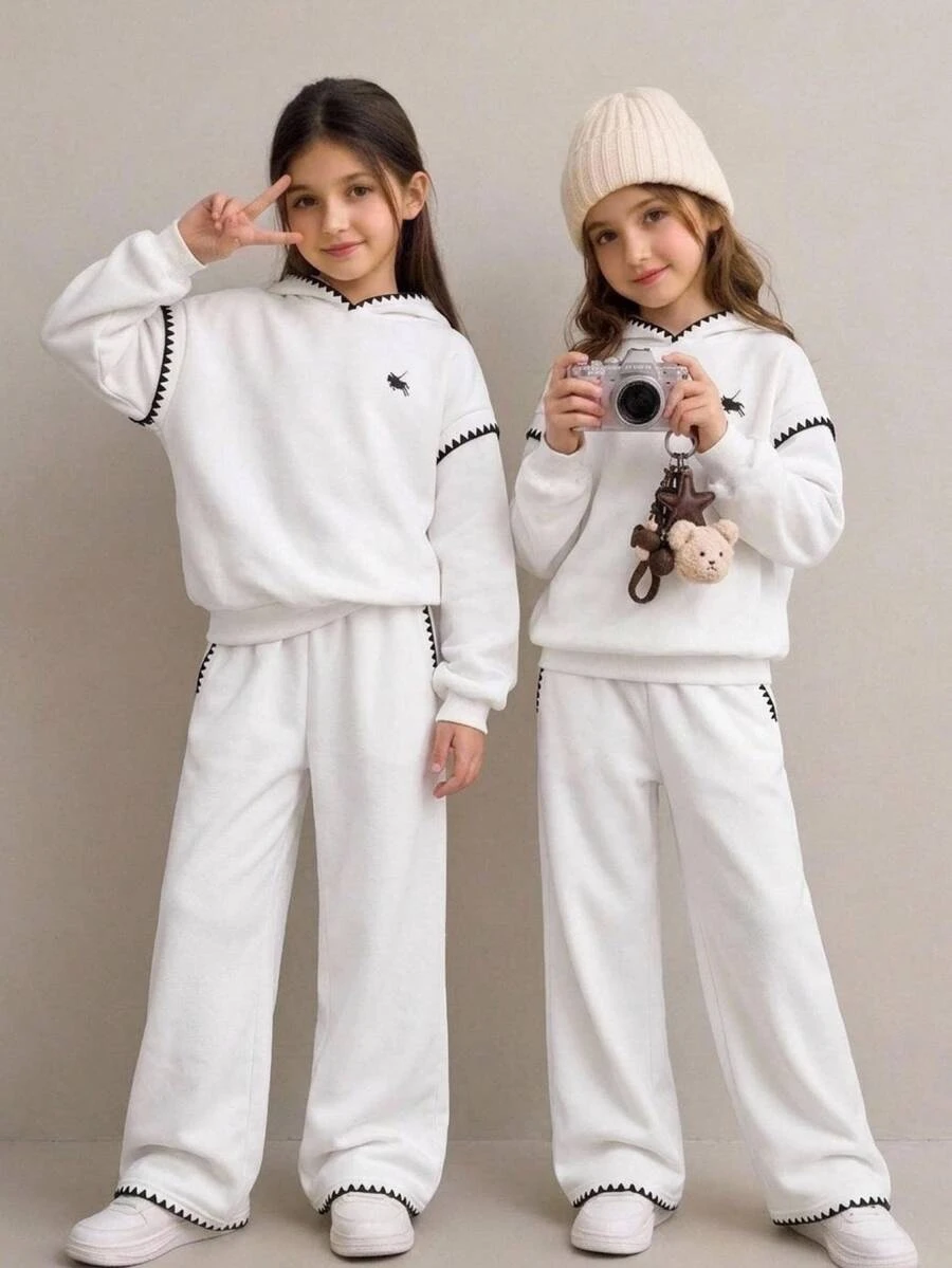 SHEIN 青少年女孩白色Y2K街頭風寬鬆抓絨連帽衛衣與寬腿褲2件套,舒適連帽衫秋季穿搭秋季服飾套裝居家日常穿著 - 白色 - 查看 1