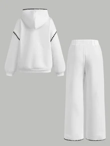 SHEIN 青少年女孩白色Y2K街頭風寬鬆抓絨連帽衛衣與寬腿褲2件套，舒適連帽衫秋季穿搭秋季服飾套裝居家日常穿著 - 白色 - 查看 2