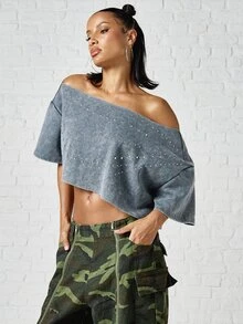 SUMWON WOMEN Washed Crop Top Off-Shoulder Boxy Short Sleeve With Metal Eyelet Embellishments Festival Summer Oversized Casual Street Style - Dark Grey - View 1