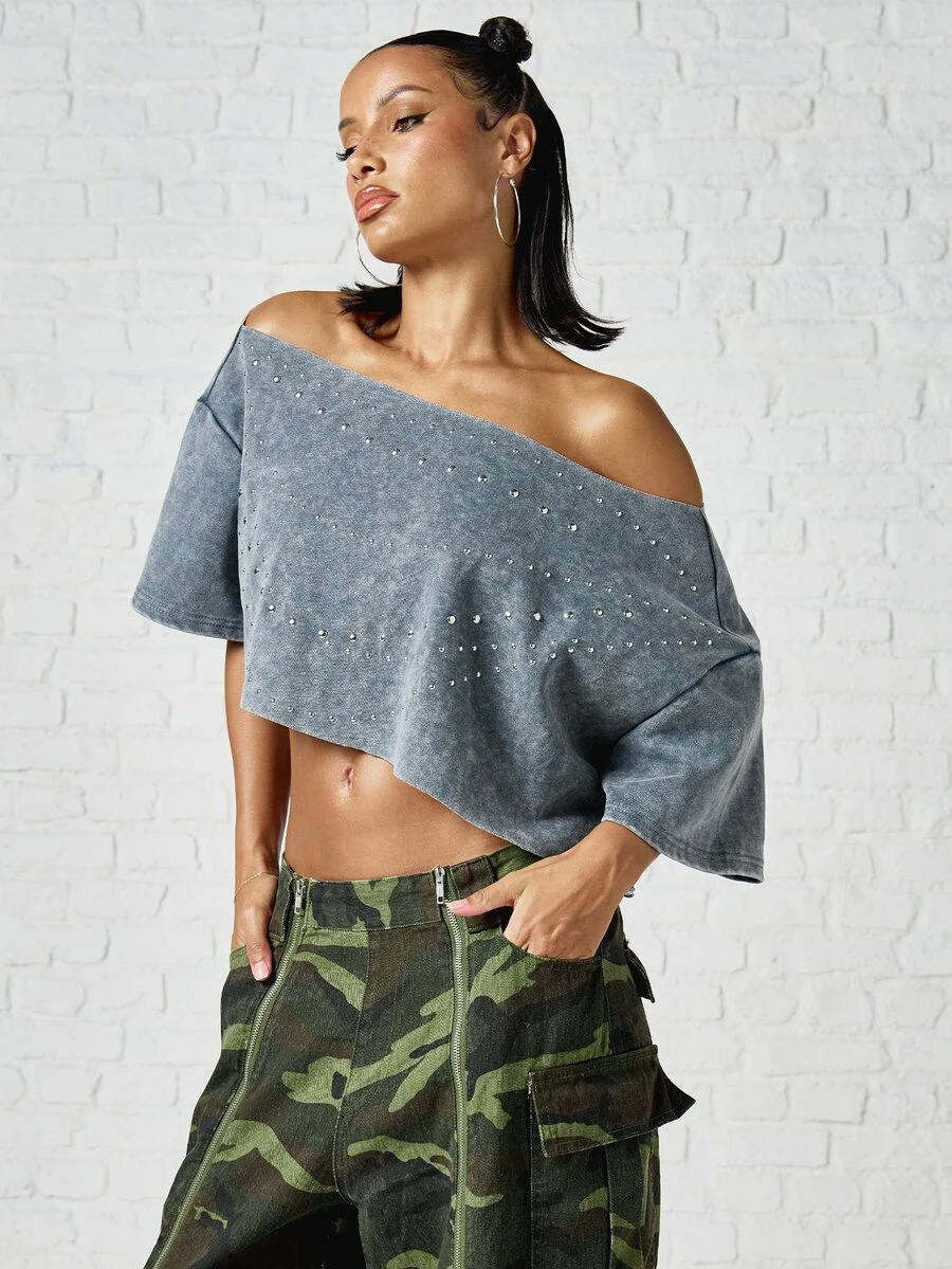 SUMWON WOMEN Washed Crop Top Off-Shoulder Boxy Short Sleeve With Metal Eyelet Embellishments Festival Summer Oversized Casual Street Style - Dark Grey - View 1