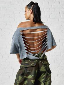 SUMWON WOMEN Washed Crop Top Off-Shoulder Boxy Short Sleeve With Metal Eyelet Embellishments Festival Summer Oversized Casual Street Style - Dark Grey - View 5