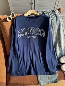 Comfortcana Plus Letter 圖案落肩大碼加州 T-shirt - 藏蓝色 - 查看 6