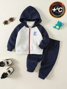 SHEIN 2pcs Setelan Bayi Laki-laki Musim Gugur/Dingin, Setelan Jaket Rajut Lembut Motif Kartun, Jaket Lengan Panjang Berkerudung Depan Terbuka & Celana Longgar, Setelan Sweatshirt, Setelan Jaket, Setelan Bayi, Setelan Musim Gugur/Dingin - MultiWarna - View 5