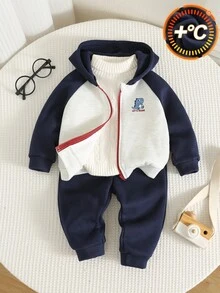 SHEIN 2pcs Setelan Bayi Laki-laki Musim Gugur/Dingin, Setelan Jaket Rajut Lembut Motif Kartun, Jaket Lengan Panjang Berkerudung Depan Terbuka & Celana Longgar, Setelan Sweatshirt, Setelan Jaket, Setelan Bayi, Setelan Musim Gugur/Dingin - MultiWarna - View 1
