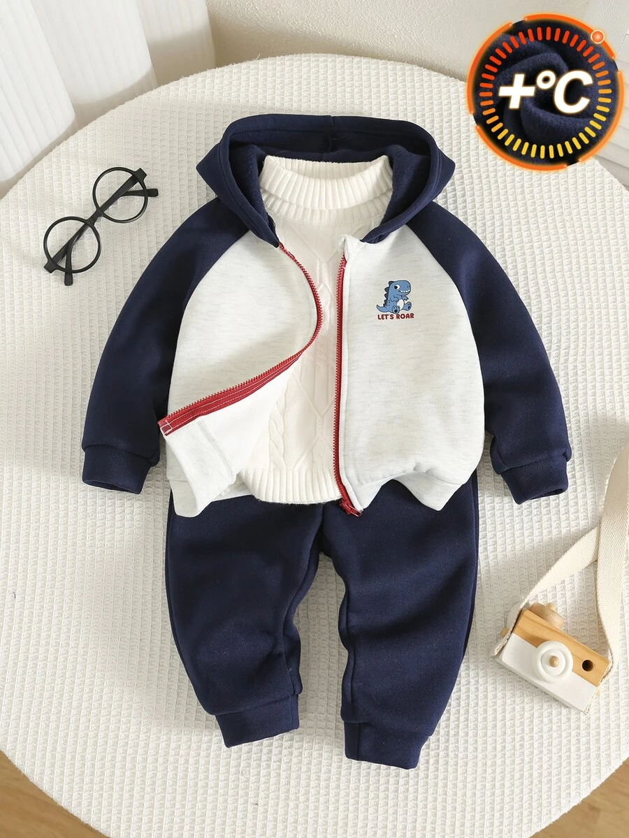 SHEIN 2pcs Setelan Bayi Laki-laki Musim Gugur/Dingin, Setelan Jaket Rajut Lembut Motif Kartun, Jaket Lengan Panjang Berkerudung Depan Terbuka & Celana Longgar, Setelan Sweatshirt, Setelan Jaket, Setelan Bayi, Setelan Musim Gugur/Dingin - MultiWarna - View 1