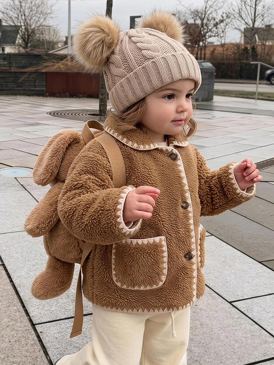 SHEIN Babygirl Cute Autumn/Winter Casual Versatile Brown Fuzzy Collar Jacket - Khaki - View 1