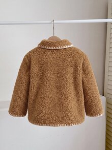 SHEIN 女嬰可愛秋冬休閒百搭棕色毛絨領夾克外套 - 卡其色 - 查看 7