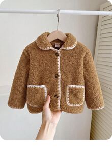 SHEIN 女嬰可愛秋冬休閒百搭棕色毛絨領夾克外套 - 卡其色 - 查看 2