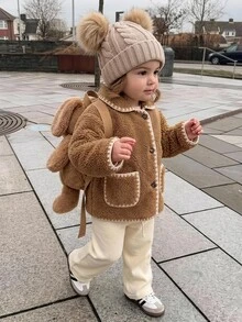 SHEIN 女嬰可愛秋冬休閒百搭棕色毛絨領夾克外套 - 卡其色 - 查看 4
