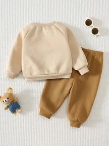 Cozy Pixies Baby Boy Cartoon Embroidery 3D Ears Design Raglan Sleeve Autumn Winter Sweatshirt & Sweatpants - Khaki - View 2