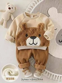 Cozy Pixies Baby Boy Cartoon Embroidery 3D Ears Design Raglan Sleeve Autumn Winter Sweatshirt & Sweatpants - Khaki - View 1
