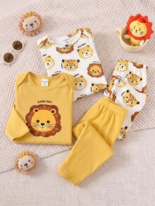 Newborn Baby Boy/Girl Cartoon Pattern Long Sleeve Loungewear Set 4pcs - Yellow - View 1