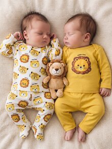 Newborn Baby Boy/Girl Cartoon Pattern Long Sleeve Loungewear Set 4pcs - Yellow - View 5