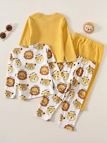 Newborn Baby Boy/Girl Cartoon Pattern Long Sleeve Loungewear Set 4pcs - Yellow - View 2