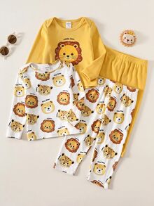 Newborn Baby Boy/Girl Cartoon Pattern Long Sleeve Loungewear Set 4pcs - Yellow - View 4