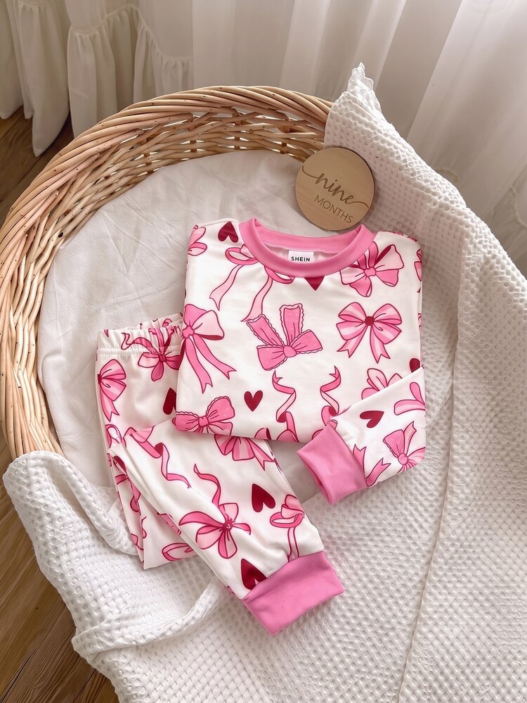 SHEIN Baby Girl Bow Print Top And Leggings Snug Fit Loungewear - Pink - View 4