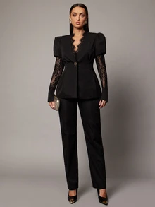 Silquee Setelan Blazer dan Celana Panjang Wanita Elegan dengan Hiasan Renda dan Kancing Logam - Hitam - View 9