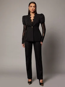 Silquee Setelan Blazer dan Celana Panjang Wanita Elegan dengan Hiasan Renda dan Kancing Logam - Hitam - View 7