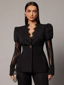 Silquee Setelan Blazer dan Celana Panjang Wanita Elegan dengan Hiasan Renda dan Kancing Logam - Hitam - View 4