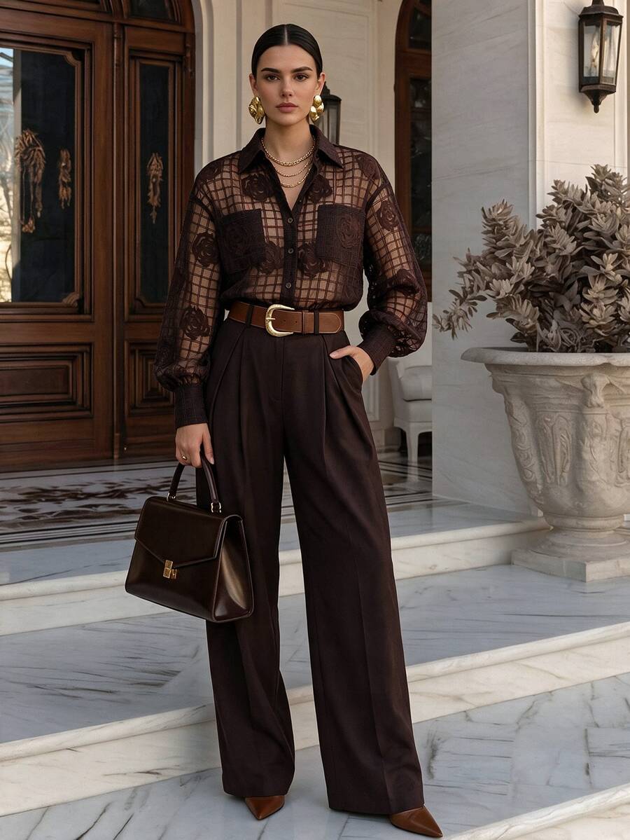 Anewsta Women's Elegant Sexy Dark Brown Textured Plaid Fabric Semi ...