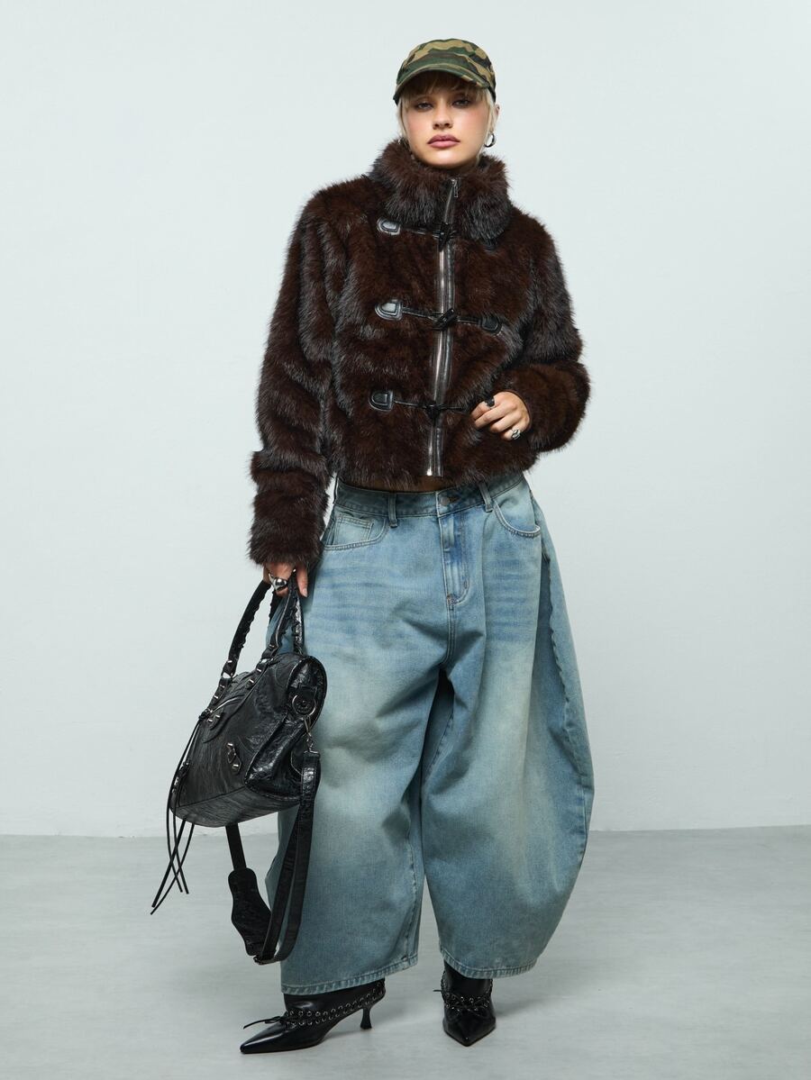 COUREZ Faux Fur Duffle Coat /Y2K Jackets For Women Black Jacket Fall Long Sleeve Fluffy Coat Winter Clothes Fall Jacket - Brown - View 1