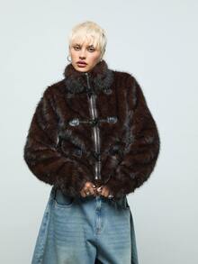COUREZ Faux Fur Duffle Coat /Y2K Jackets For Women Black Jacket Fall Long Sleeve Fluffy Coat Winter Clothes Fall Jacket - Brown - View 5
