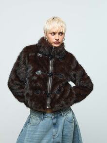 COUREZ Faux Fur Duffle Coat /Y2K Jackets For Women Black Jacket Fall Long Sleeve Fluffy Coat Winter Clothes Fall Jacket - Brown - View 8